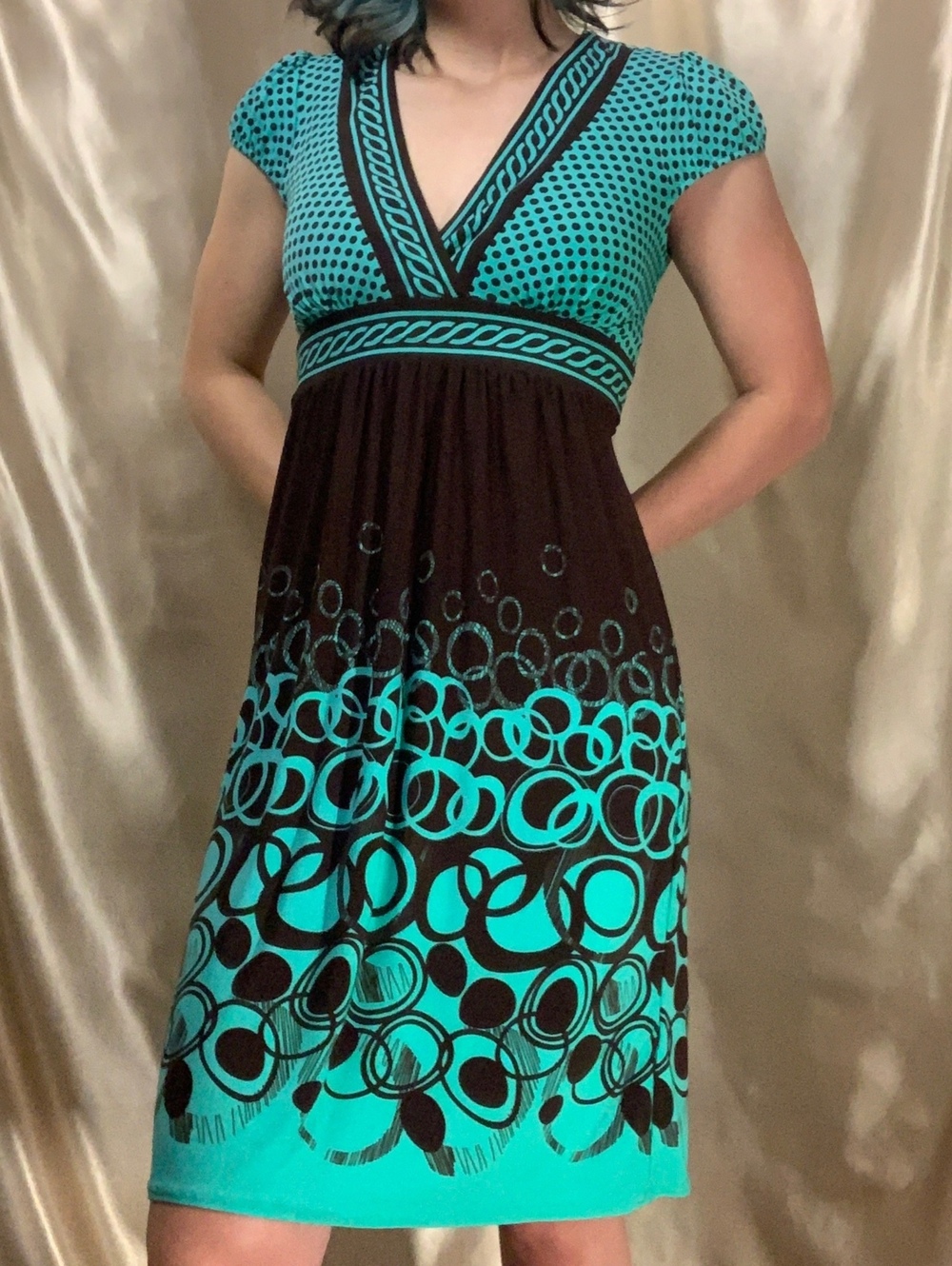 Vintage Y2K City Triangles Brown Teal Geometric Empire Waist Midi Dress S